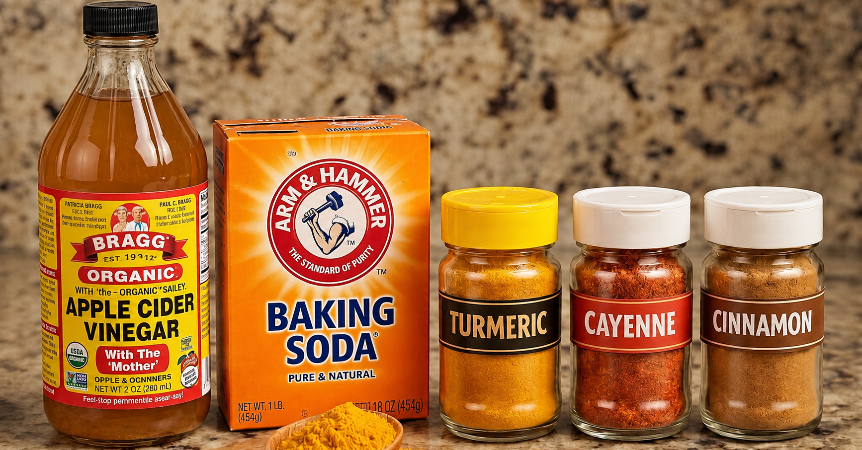 Apple cider vinegar, baking soda, turmeric, cayenne pepper, and cinnamon on a kitchen counter