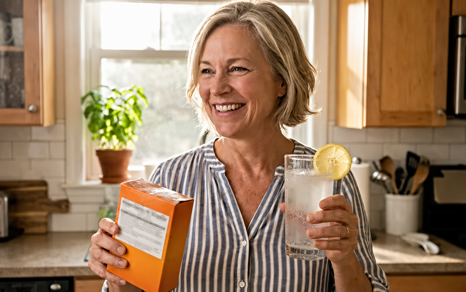 Woman smiling in her kitchen with lemon water and a light meal